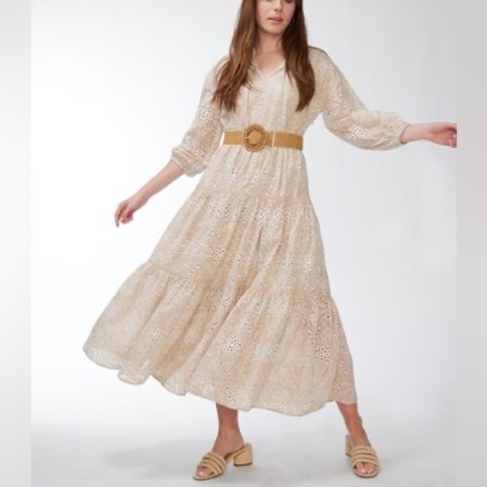 Chico's Eyelet Ruffle Neck Tiered Midi Dress Neutral - Picture 12 of 12
